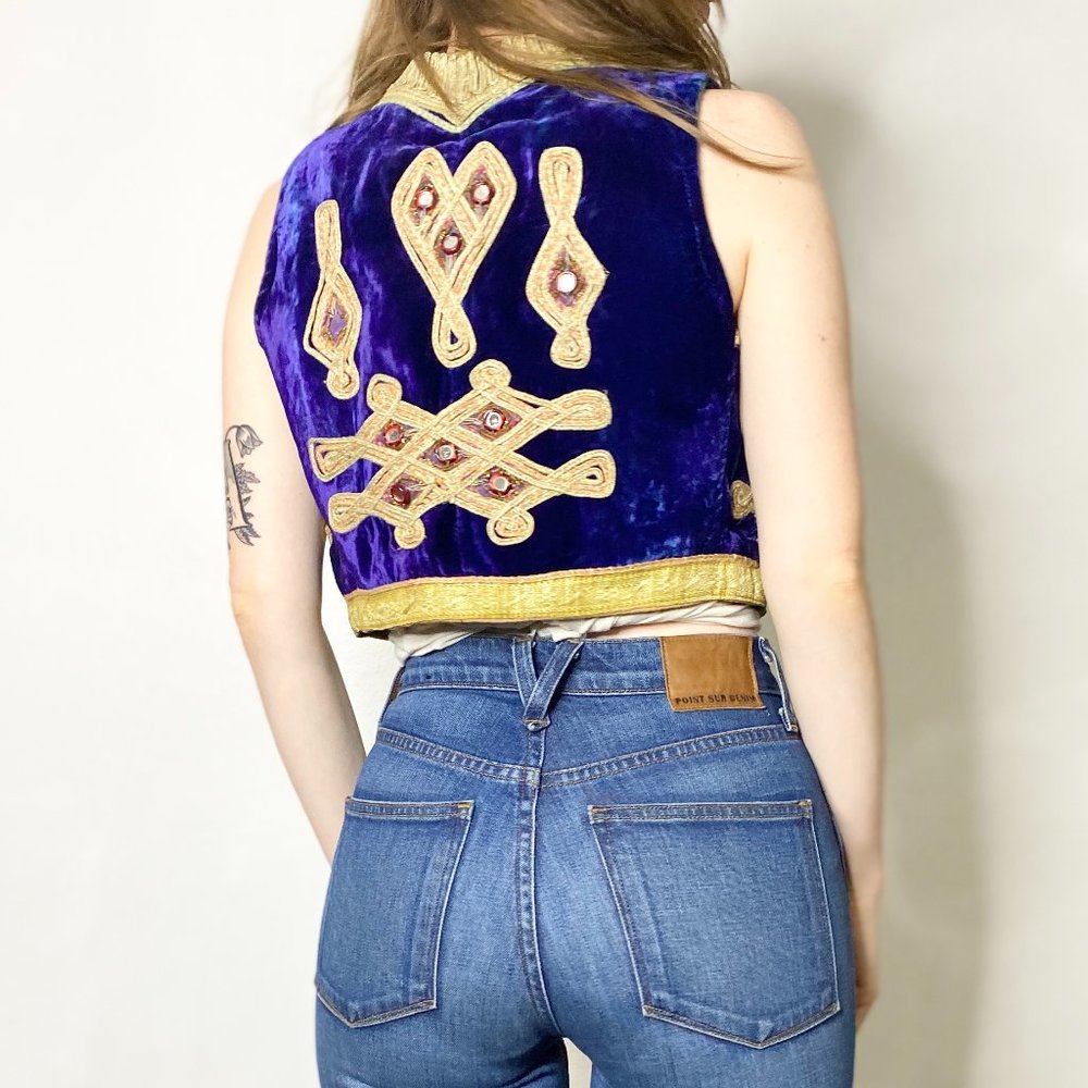 60s Vintage Purple Velvet Embroidered Gold Trim Vest